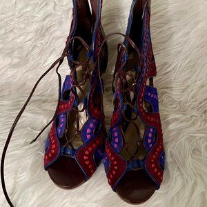 GIANNI BINI | burgundy lace up stilettos peep toe